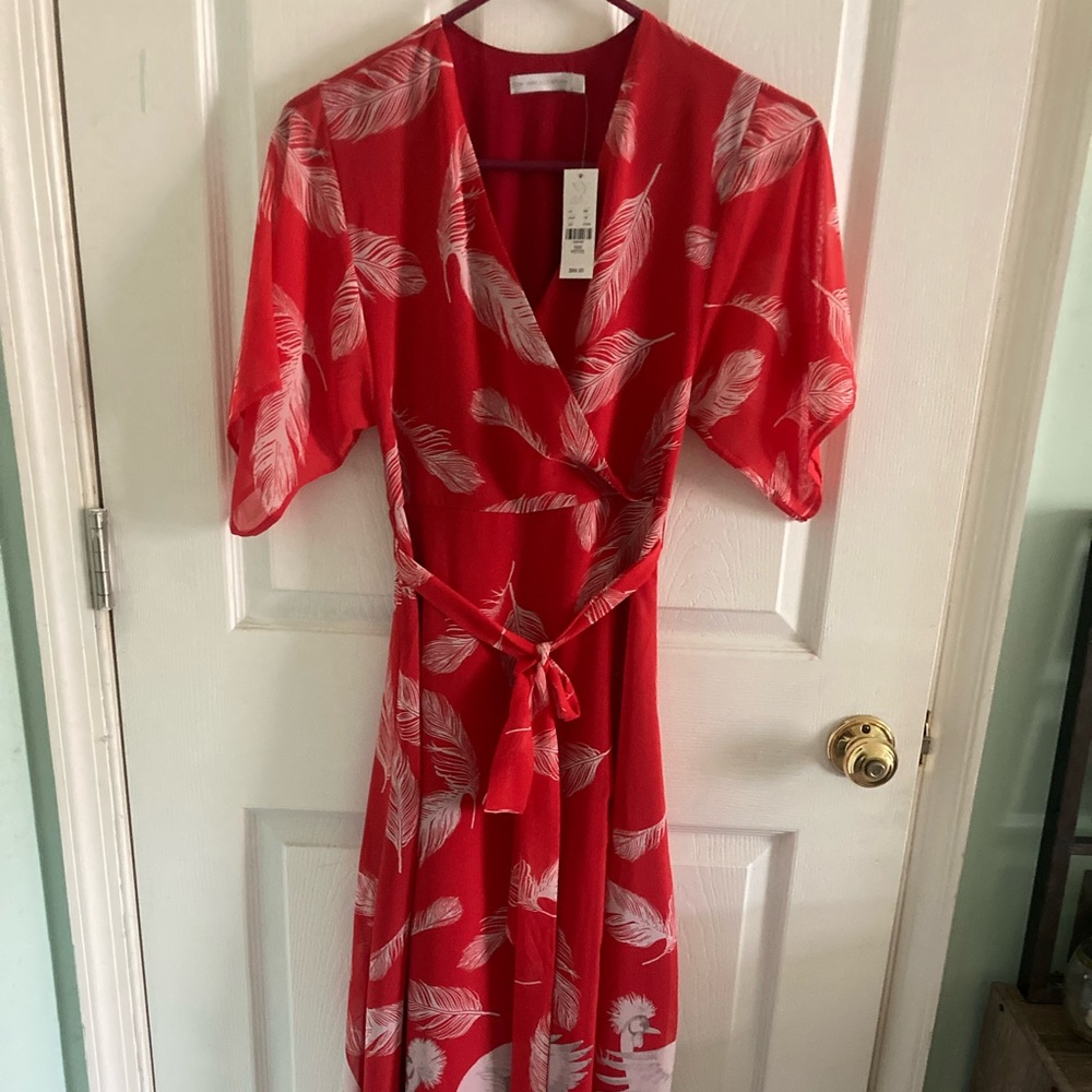 New York and Co feather and crane wrap dress